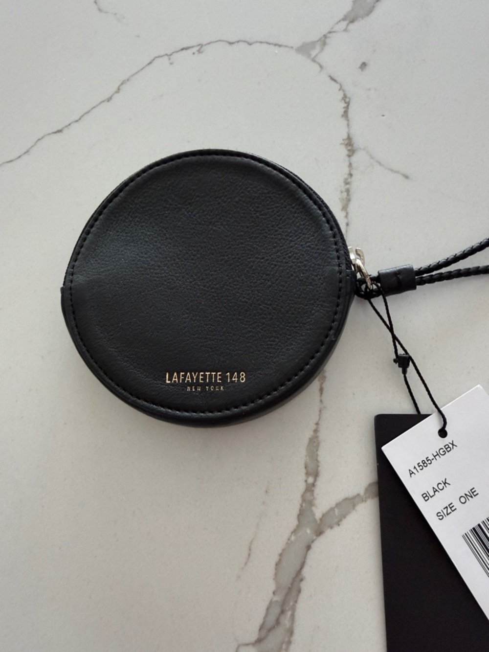 Lafayette 148 New York Black Round Leather Coin Case with Silver Zipper